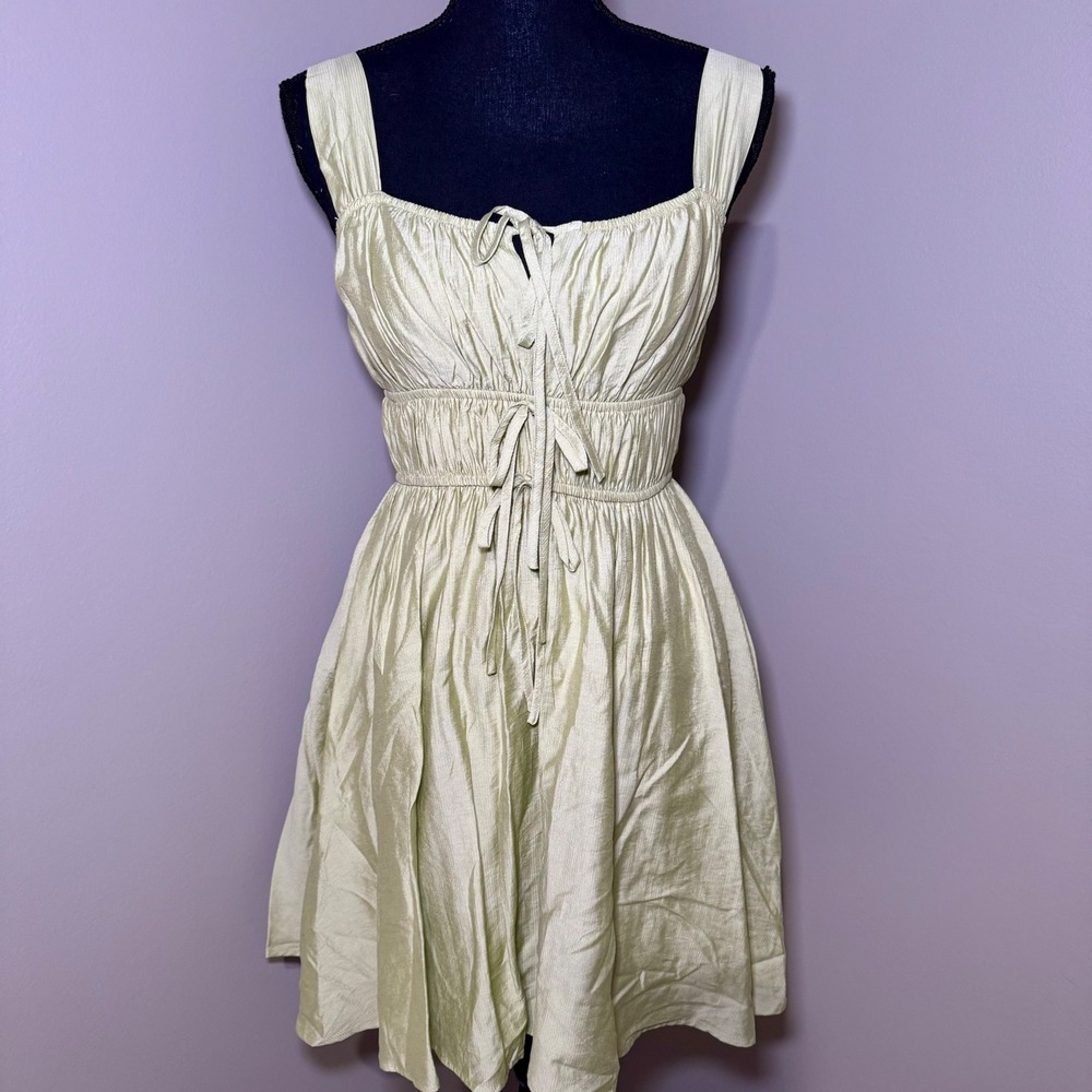 Blu‎ Pepper Sage Green Smocked Milkmaid Mini Dress Womens Small Shimmer